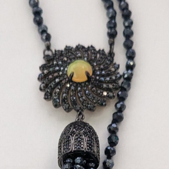 HSN 925 Silver Vermeil MLD Fire Opal Marcasite Beaded Tassel Long Necklace - Picture 2 of 6